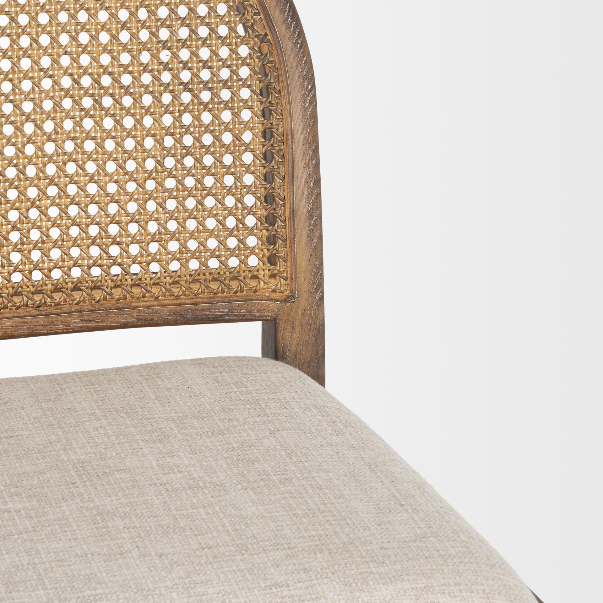 Close up of Elle Rounded Caneback Medium Brown Wood with Oatmeal Fabric Counter on a white background