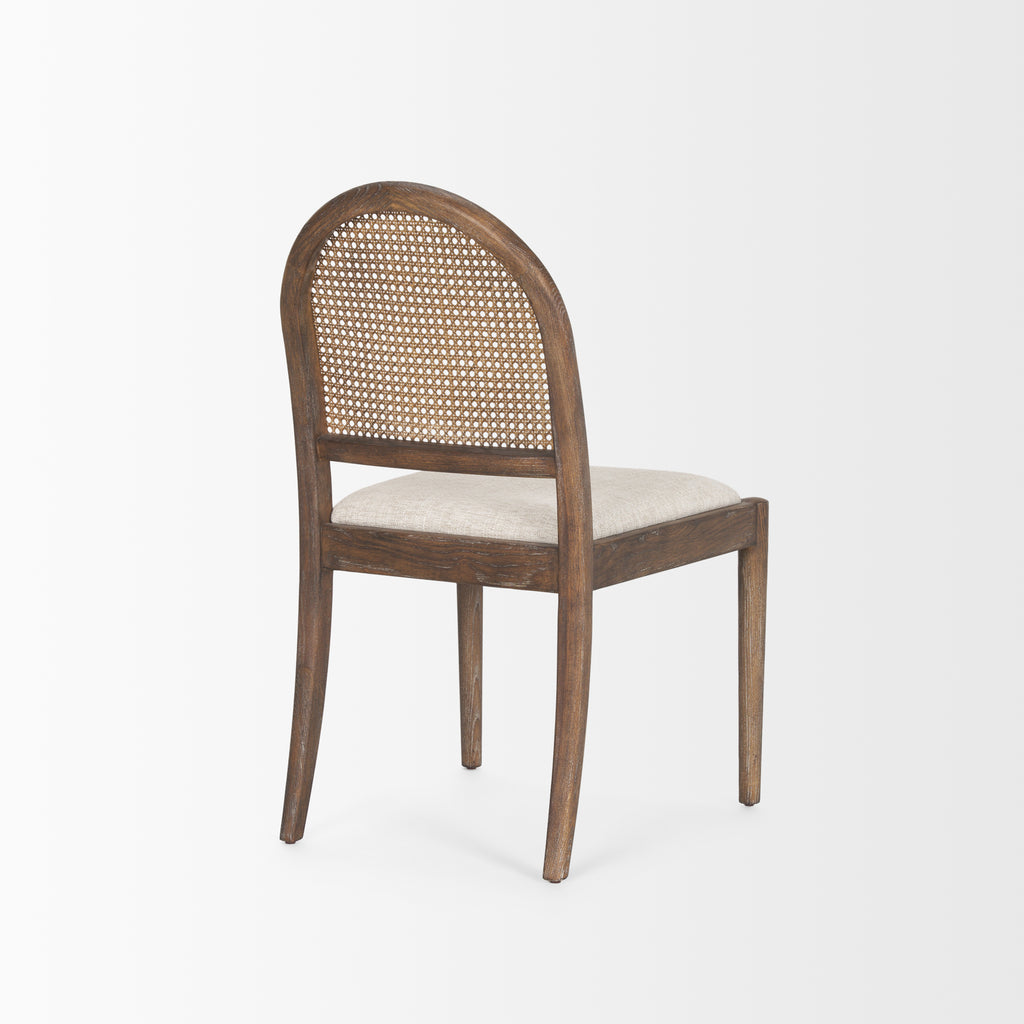 Elle Rounded Caneback Medium Brown Wood with Oatmeal Fabric Dining Chair on white background