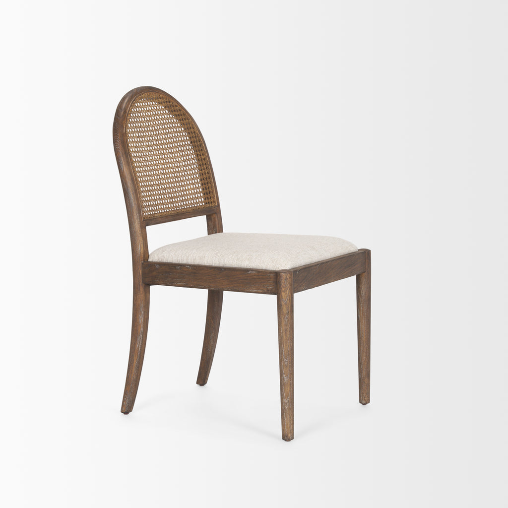 Elle Rounded Caneback Medium Brown Wood with Oatmeal Fabric Dining Chair on white background