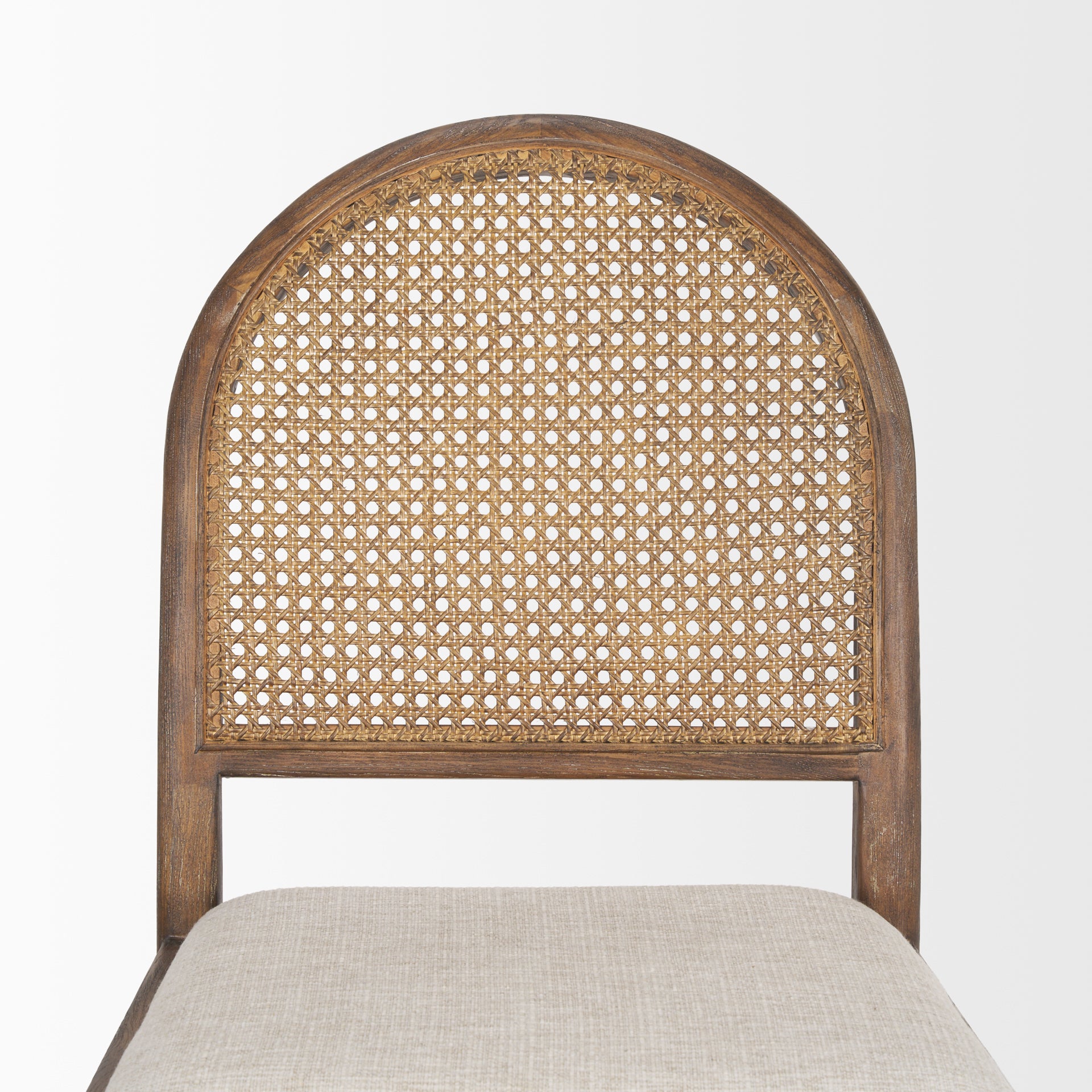 Elle Rounded Caneback Medium Brown Wood with Oatmeal Fabric Dining Chair on white background