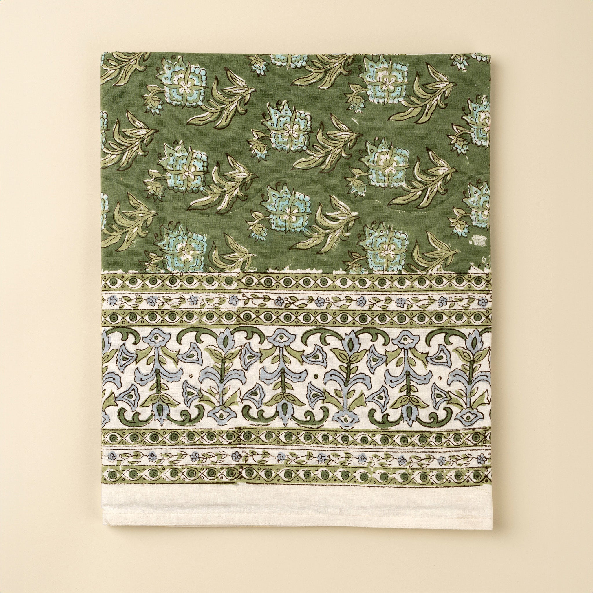 Elowen Block Print Tablecloth on a beige background at Addison West