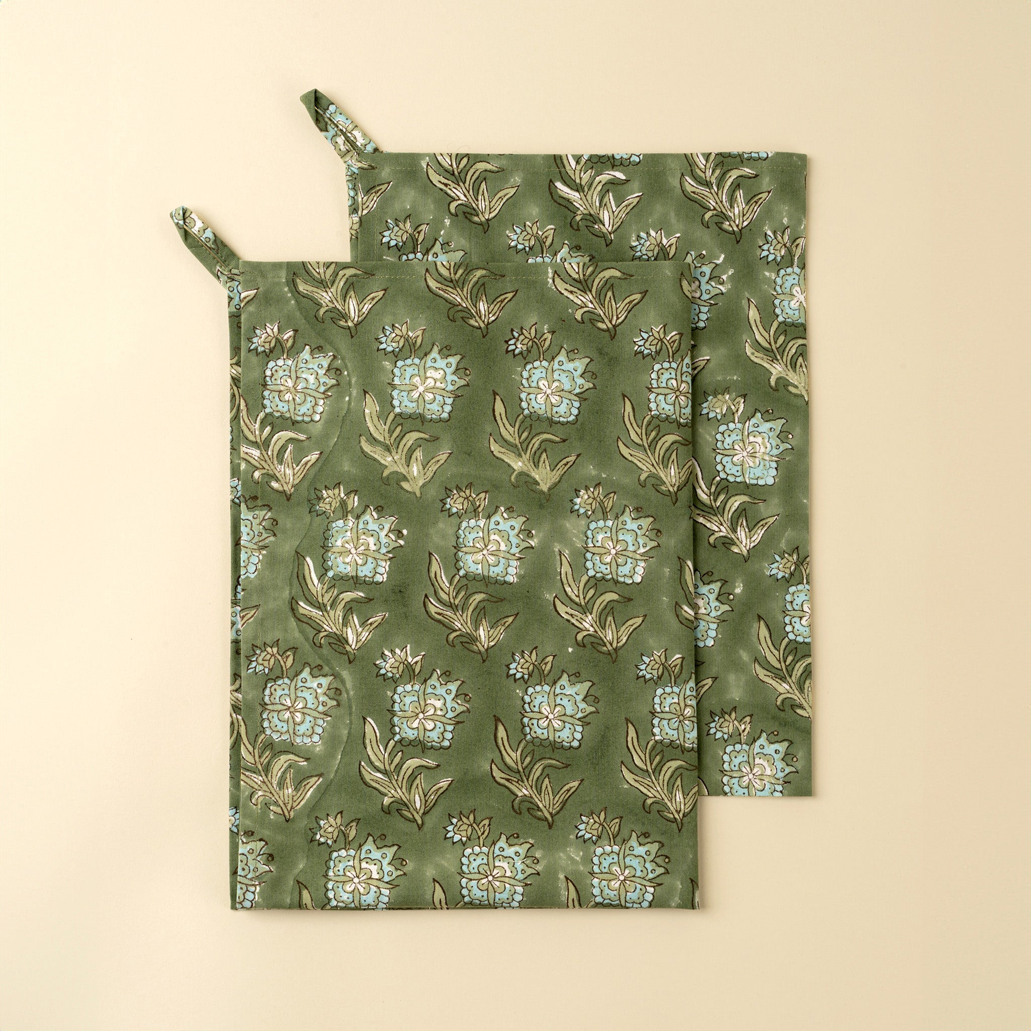 Elowen Block Print Tea Towels, Set of 2 on a beige background at Addison West