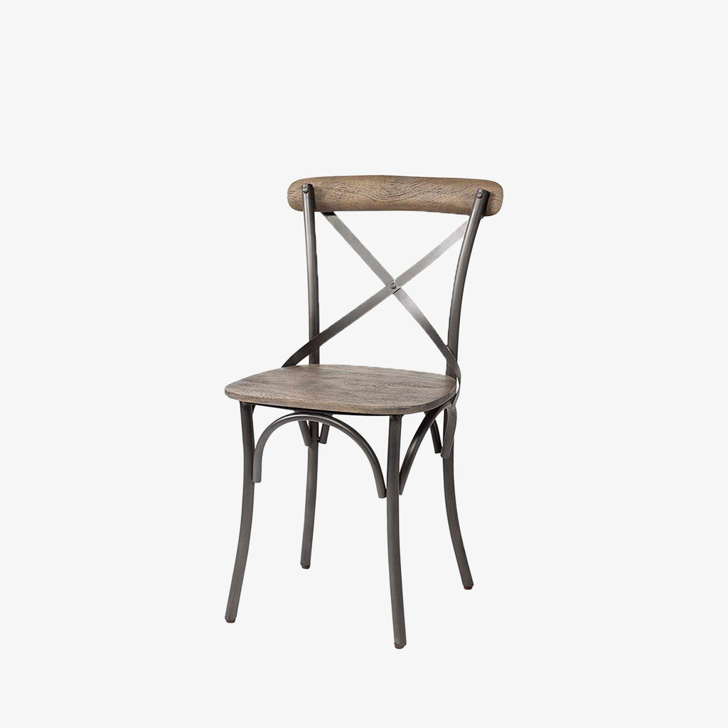 Emilie Bistro Style Dining Chair with wood seat and iron legs and back brace on a white background