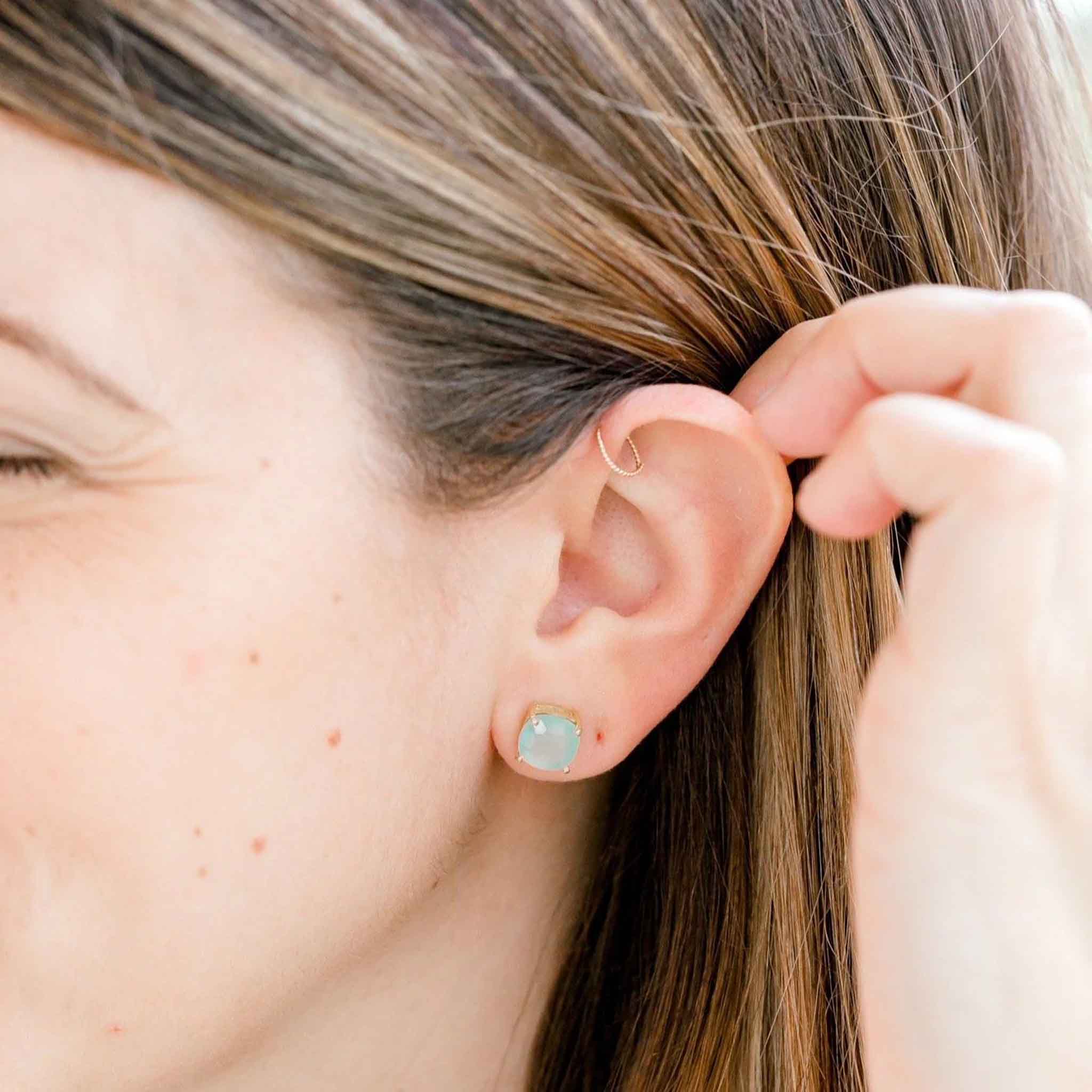 Emmy Studs in Aqua Chalcedony on a model at Addison West