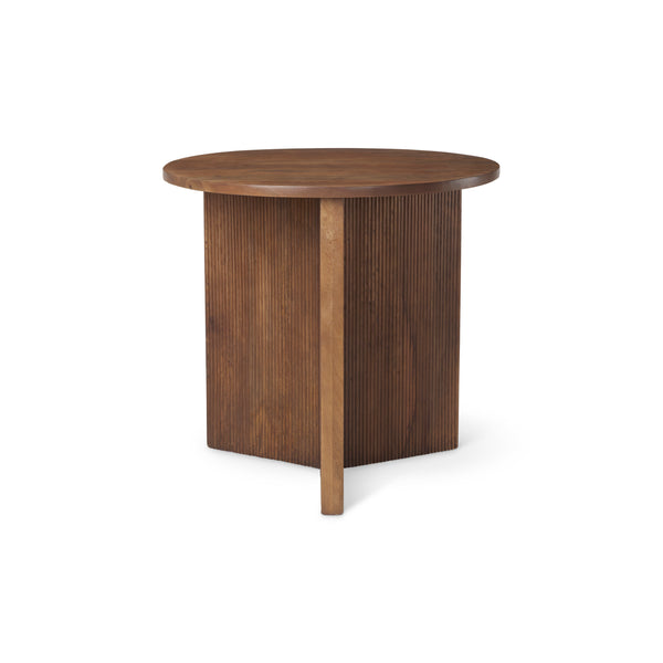Round wood entry table with three legs with fluted finish on a white background