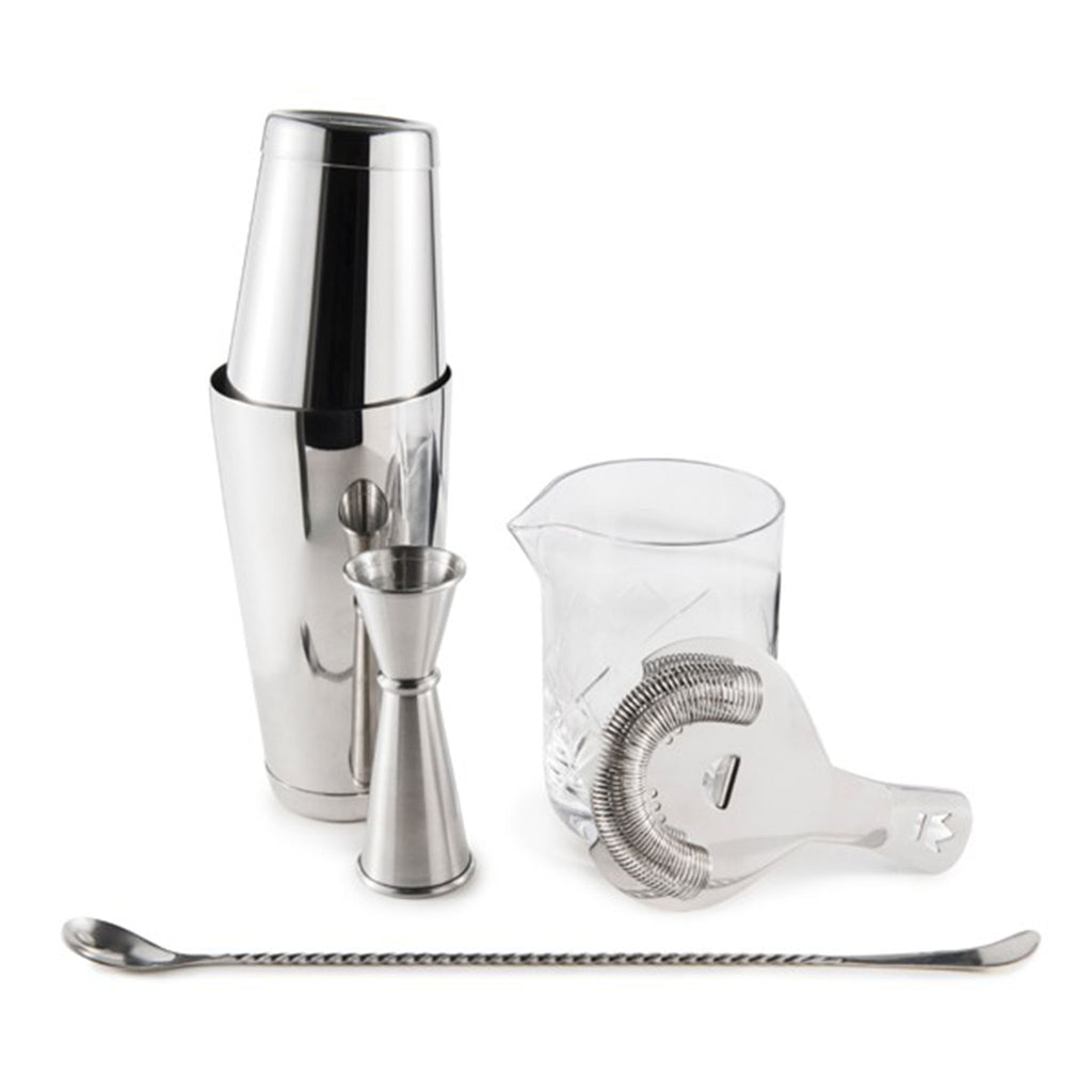 Cocktail Kingdom Essential Cocktail Set with shaker, jigger, strainer and mixing glass on a white backrgound