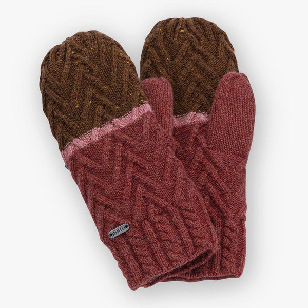 Pistil estes mitten with burgundy and brown cable on a white background