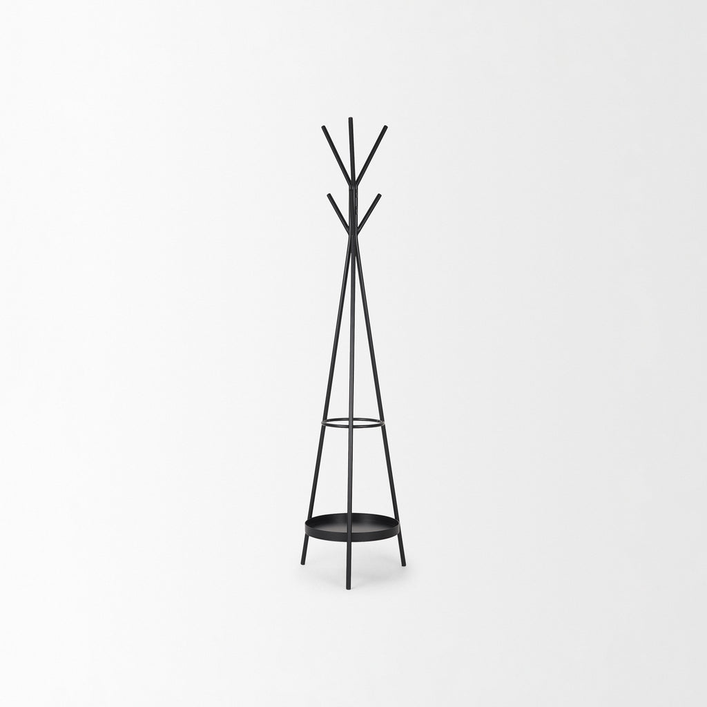 Everett Matte Black Metal with Two Metal Shelves Coat Rack on a white background