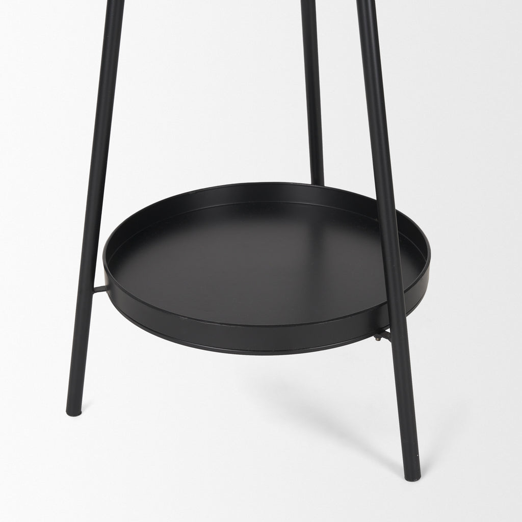 Close up of Everett Matte Black Metal with Two Metal Shelves Coat Rack on a white background