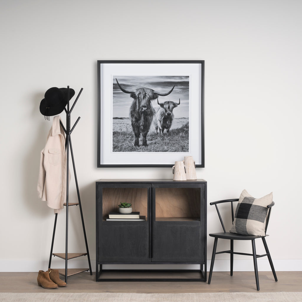 Everett Matte Black Metal with Two Wood Shelves Coat Rack in a black and brown entryway