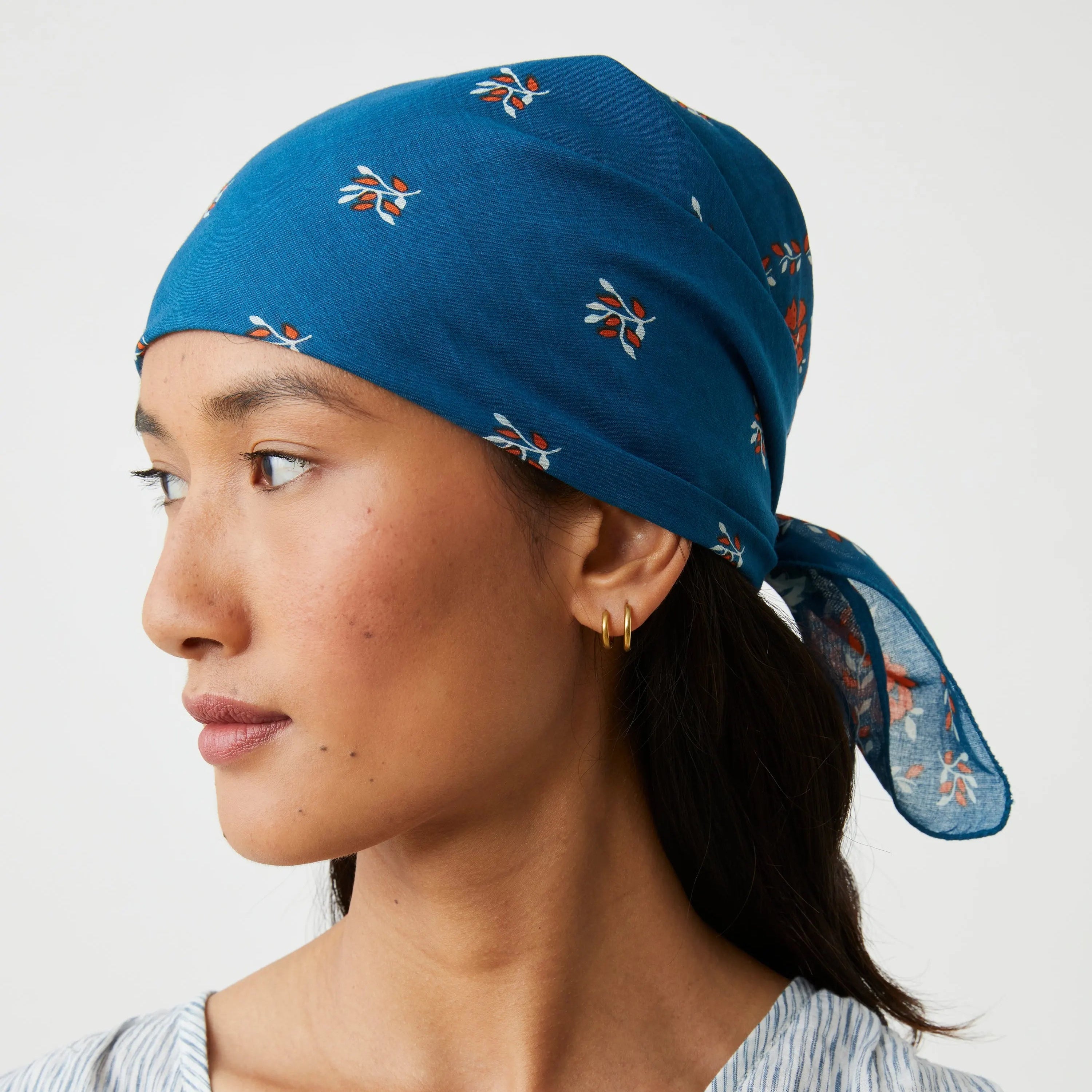 Fichu N°652 Scarf in Indigo on a model at Addison West