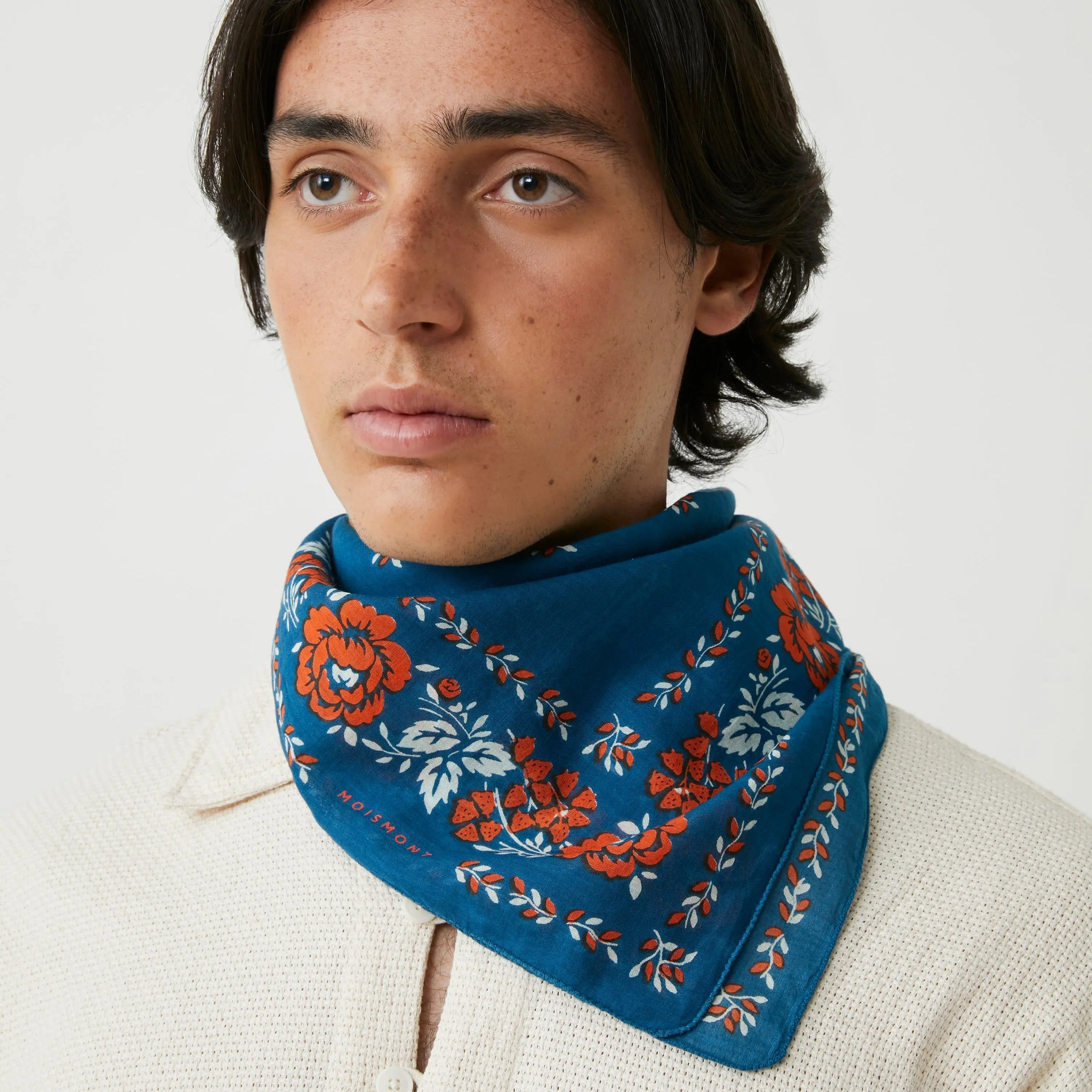 Fichu N°652 Scarf in Indigo on a model at Addison West