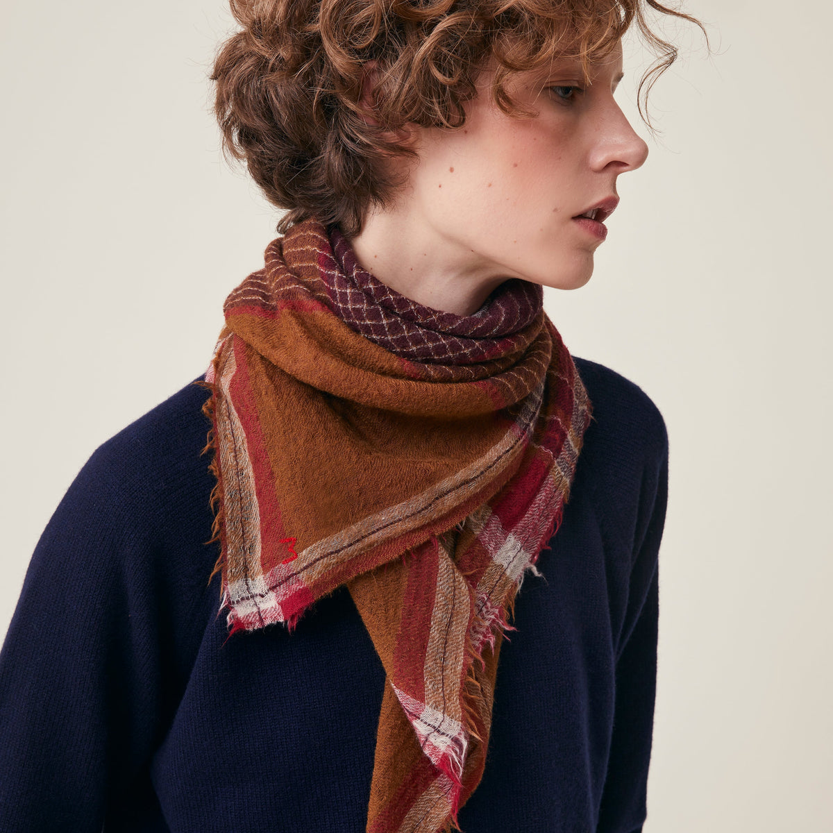 Moismont Scarf Chai N°752 in Taffeta on a model at Addison West