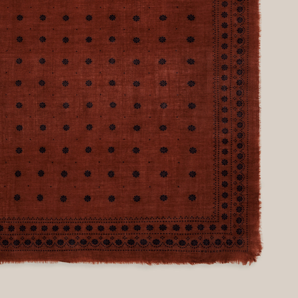 Moismont Scarf Achille N°851 in Violin on a model at Addison West on a beige background at Addison West