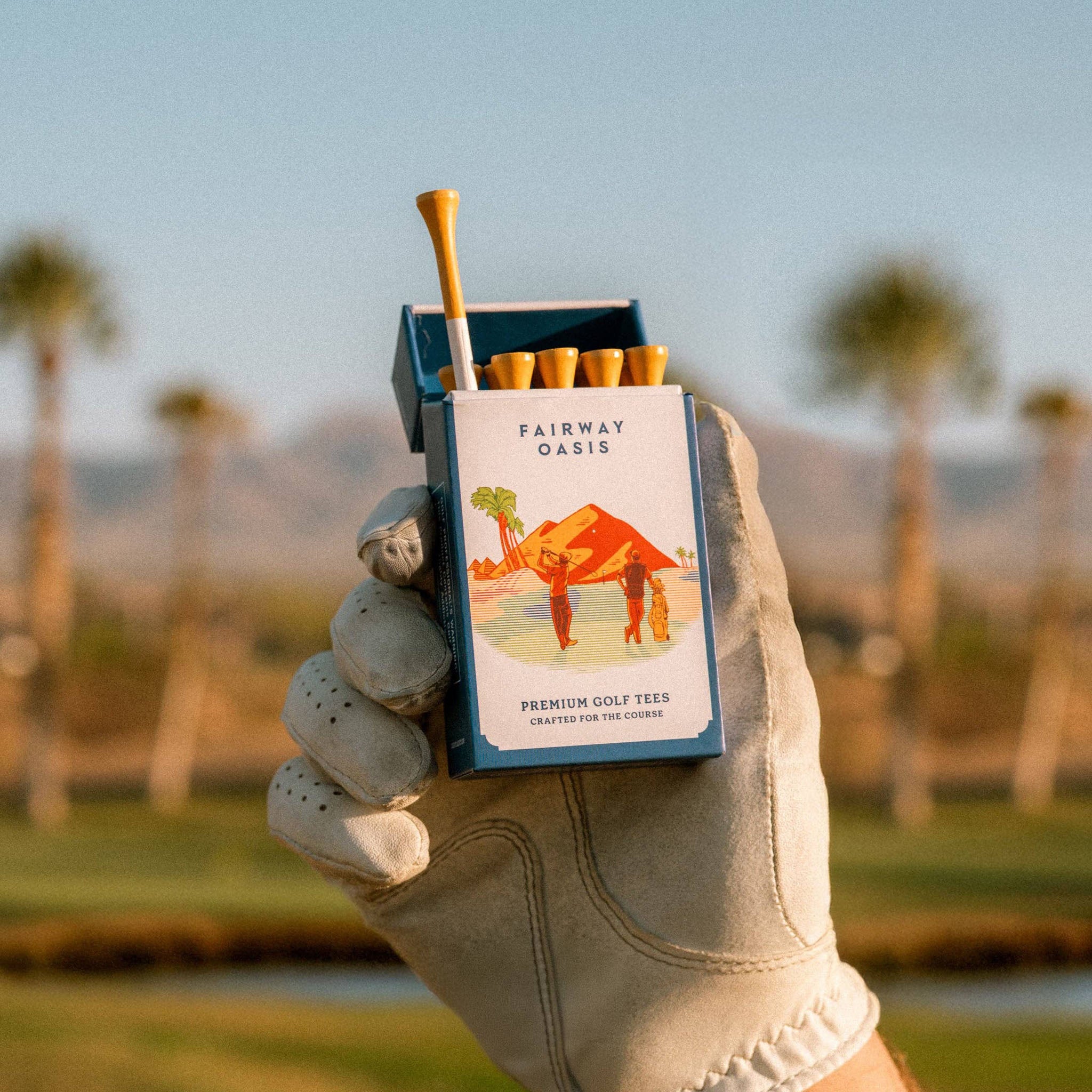 Golf glove holding a box of 'Fairway Oasis' golf tees with a golf club on a golf course background.