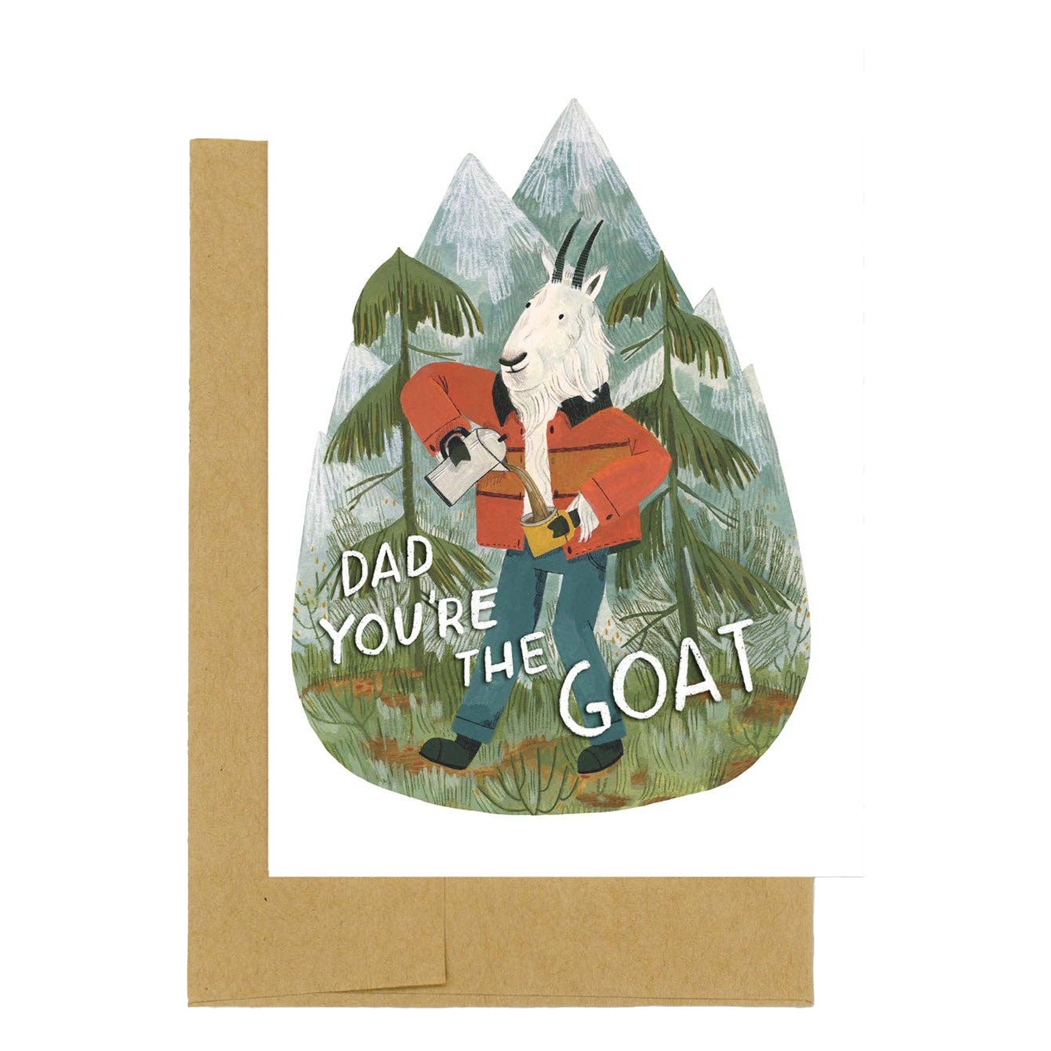 Illustrated greeting card with goat drinking coffee and words 'Dad you're the GOAT' on a white background