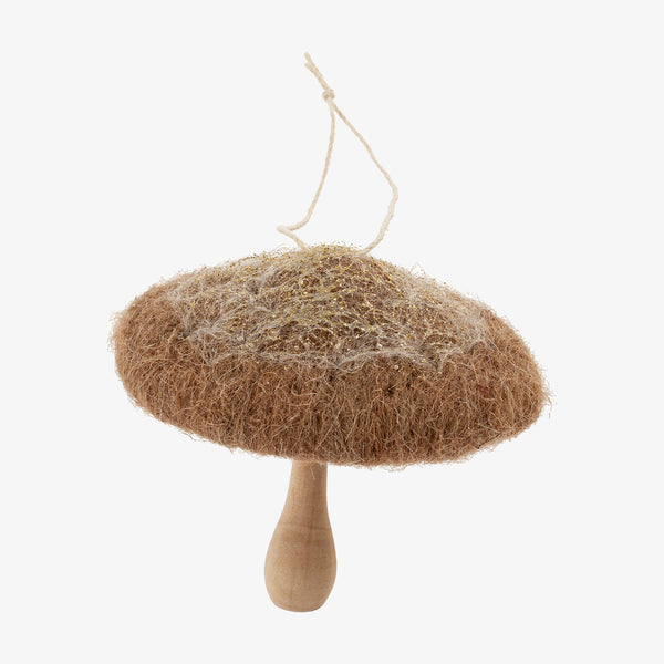 Brown felted mushroom ornament with wood stem on a white background