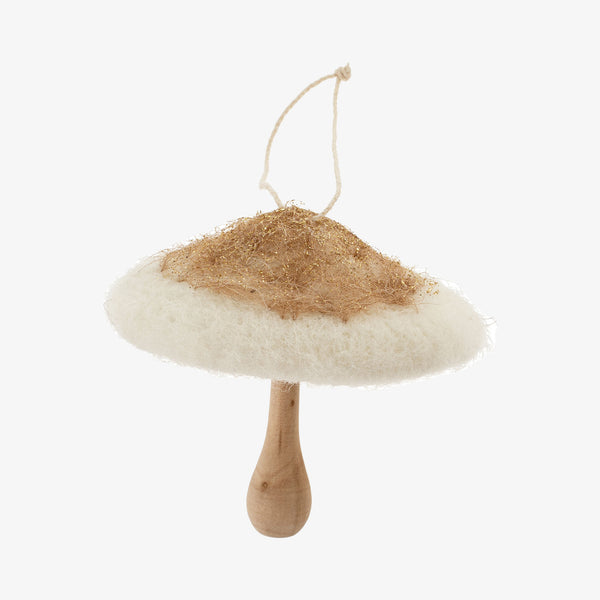 Beige and white felted mushroom ornament with wood stem on a white background