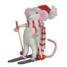 Ornament of a mouse wearing a ski outfit and holding ski poles, with a red and white scarf around its neck.