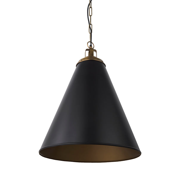 Mercana brand Fenton 18 inch wide by 23 inch high Black metal pendant light with antique brass accents on a white background