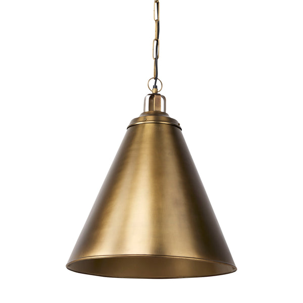 Mercana brand Fenton 18 inch wide by 23 inch high brass toned metal pendant light  on a white background