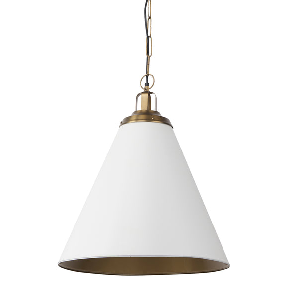 Mercana brand Fenton 18 inch wide by 23 inch high white metal pendant light with antique brass accents on a white background