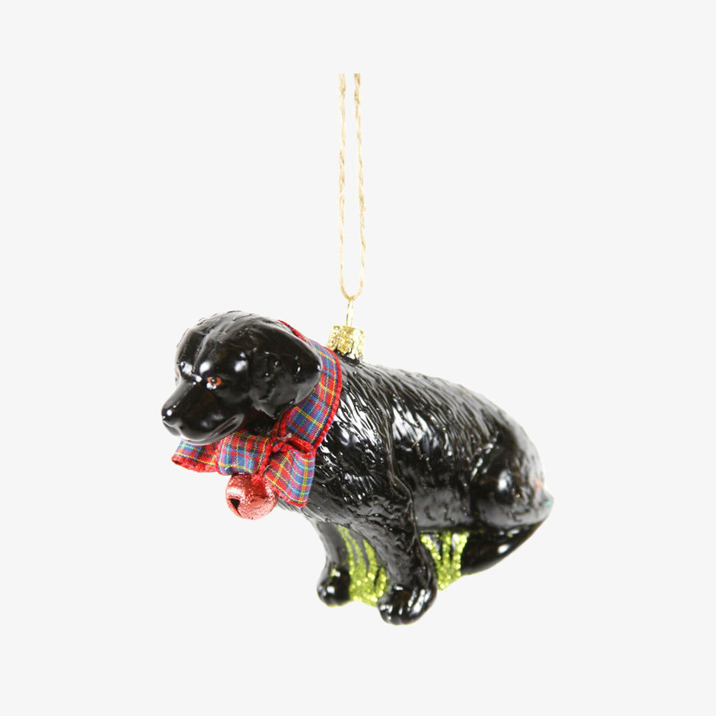 Cody Foster black lab with plaid bow Christmas ornament