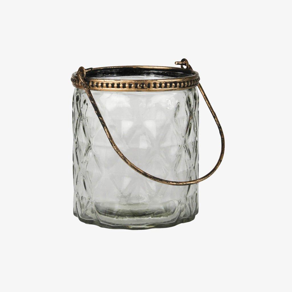 Faceted glass votice holder with metal beaded rim and metal hanging handle