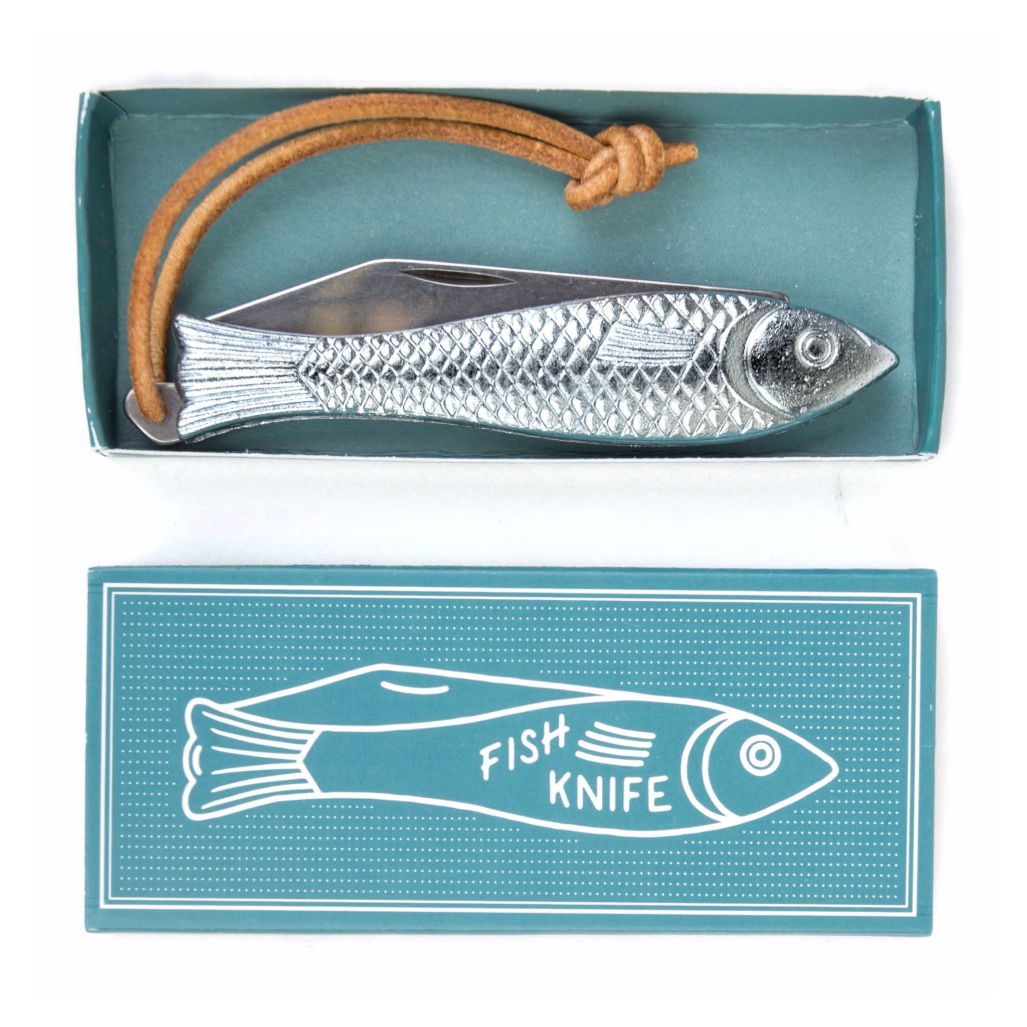 Molly Jogger Fingerling Fish Knife in blue box on a white background