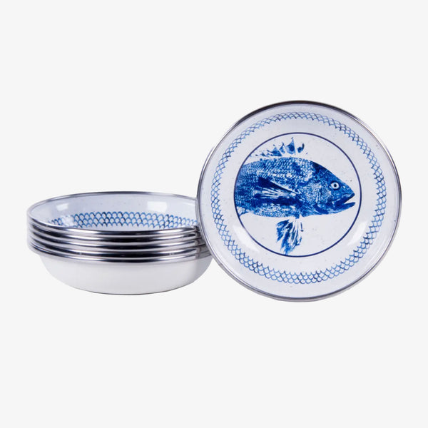 Golden Rabbit brand blue and white Fish Camp Enamel Tasting Dishes on a white background