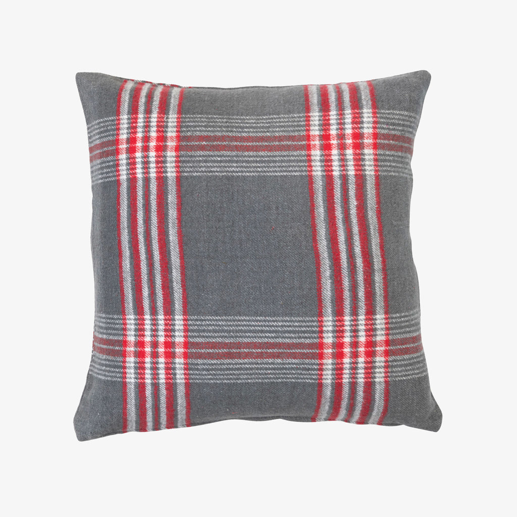 Winter Plaid Grey and Red Throw Pillow on a white background