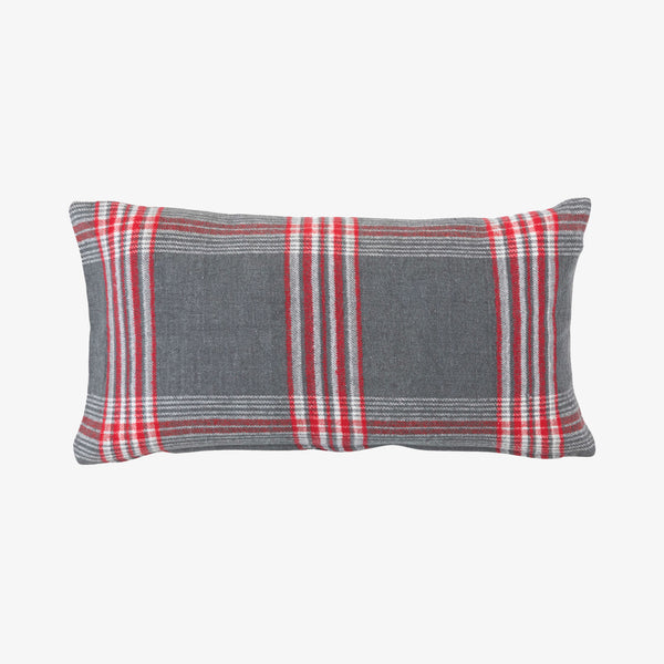 Winter Plaid Grey and Red Throw Pillow on a white background