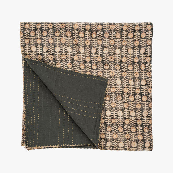 Indaba florio kantha bed blanket on a white background with muted burgundy toned block print pattern 