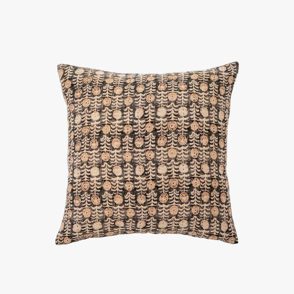 Indaba florio pillow with burgundy background and block print pattern on a white background