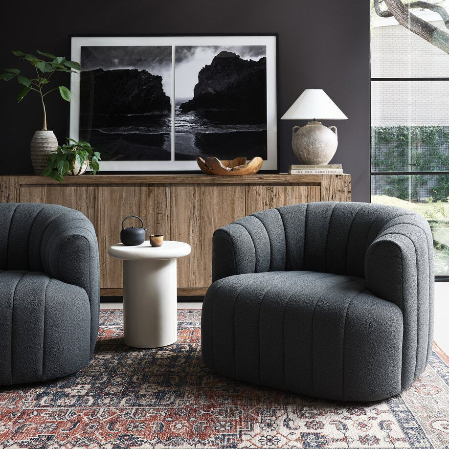 Four Hands Abaso Sideboard in Rustic Wormwood Oak in a living room at Addison West