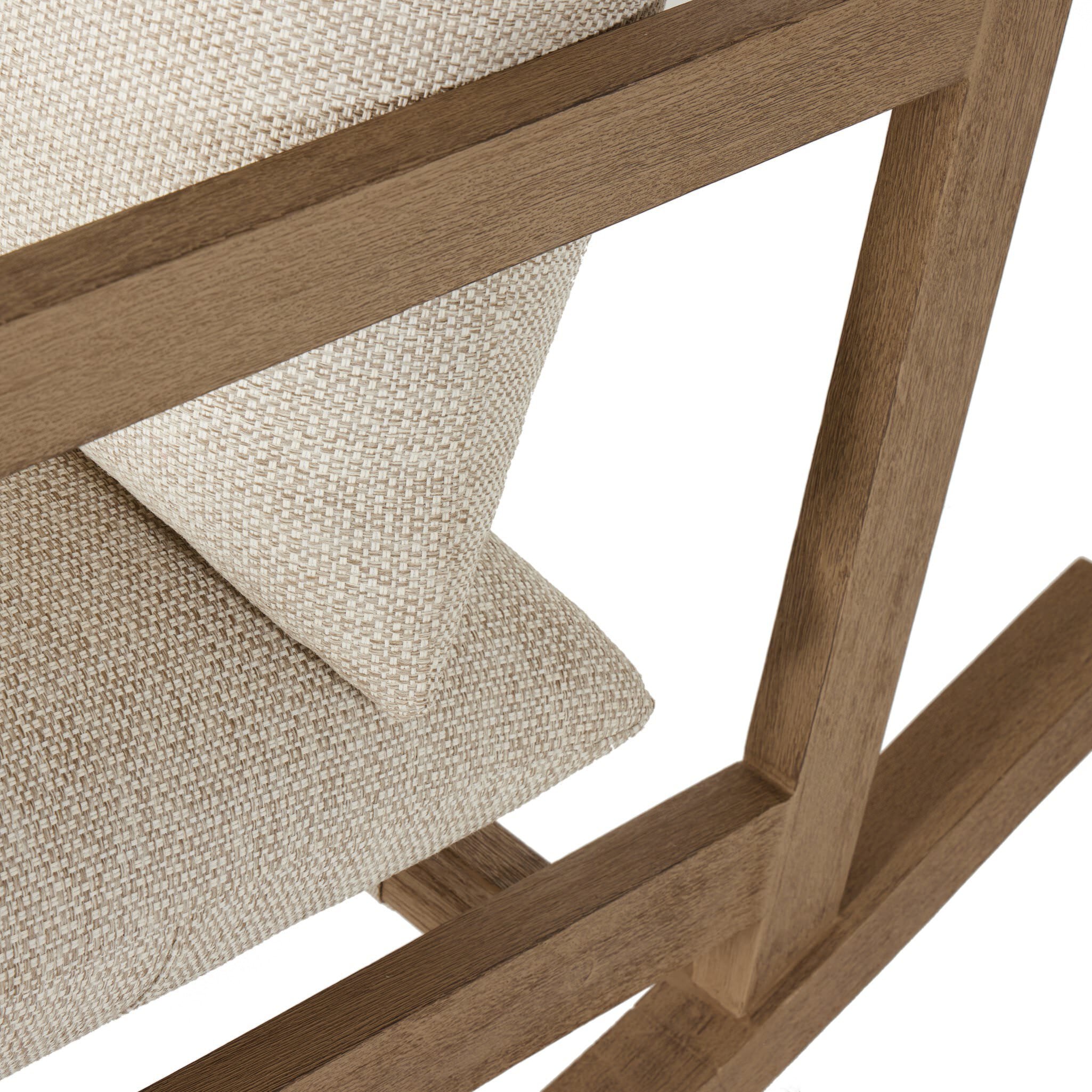 Close up of Four Hands Aiken Outdoor Rocking Chair in Faye Sand on a white background at Addison West