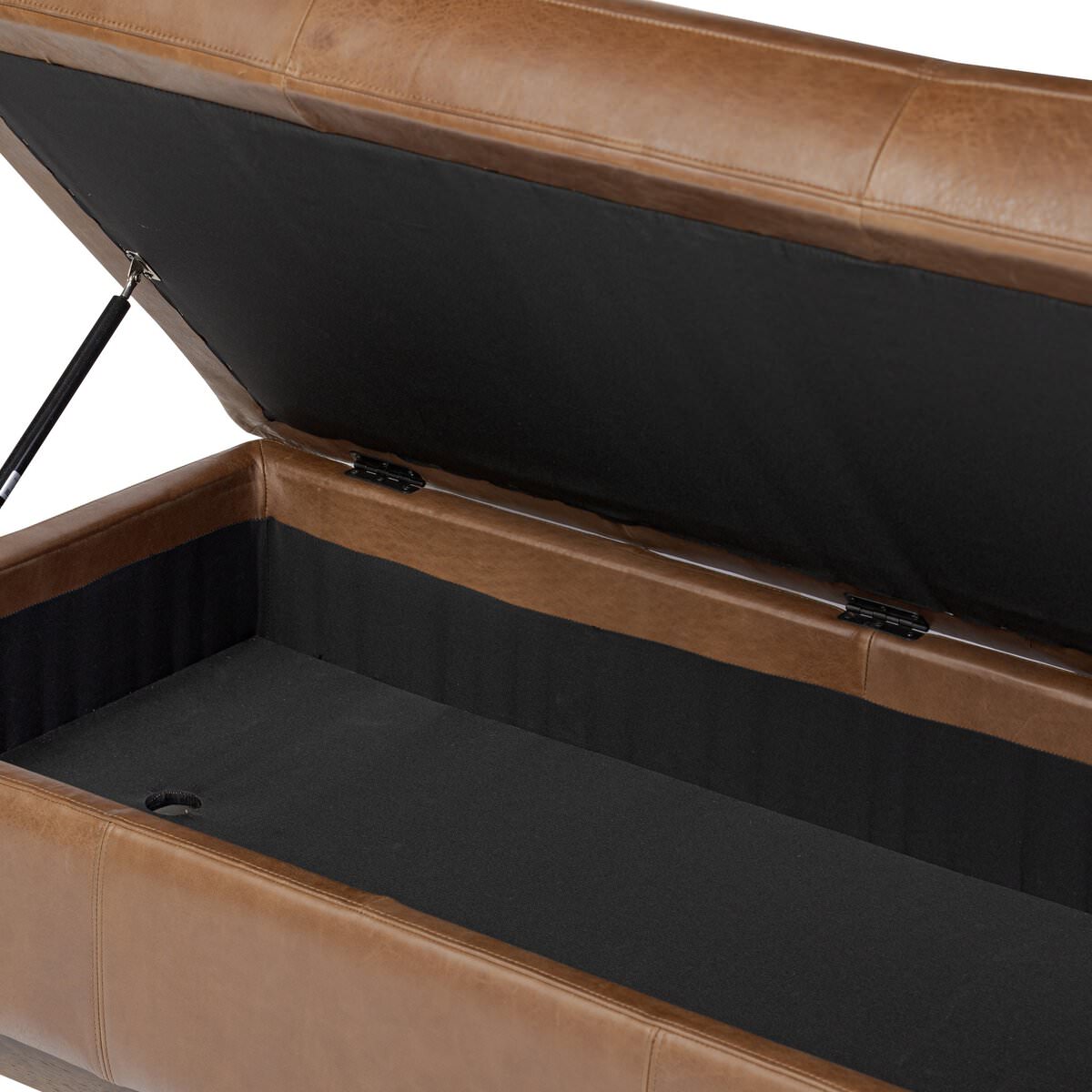 Close up of Four Hands Alec Storage Ottoman in Dulane Mahogany on a white background at Addison West
