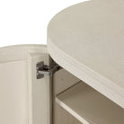 Close up of Four Hands Amelia Media Console in Light Antique Brass on a white background at Addison West