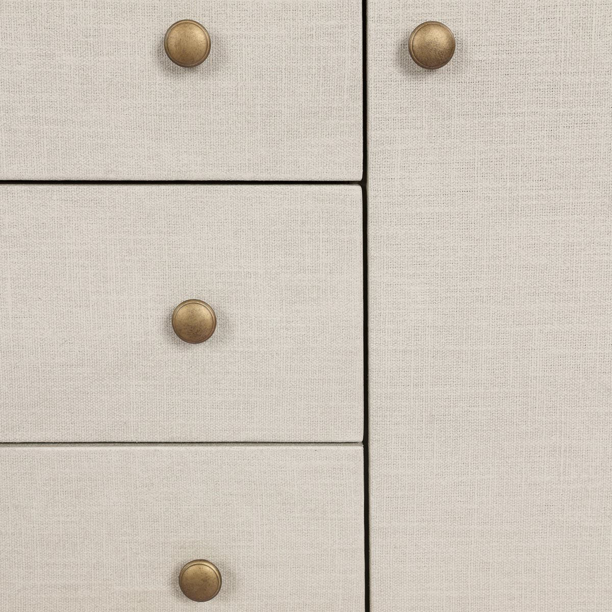 Close up of Four Hands Amelia Media Console in Light Antique Brass on a white background at Addison West