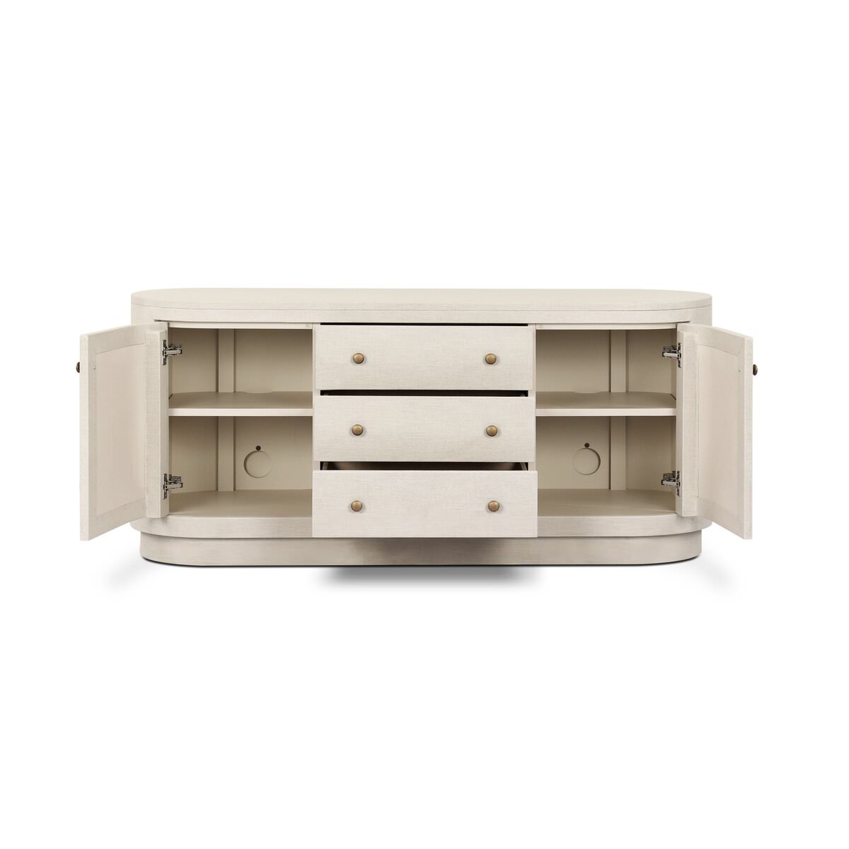 Four Hands Amelia Media Console in Light Antique Brass on a white background at Addison West