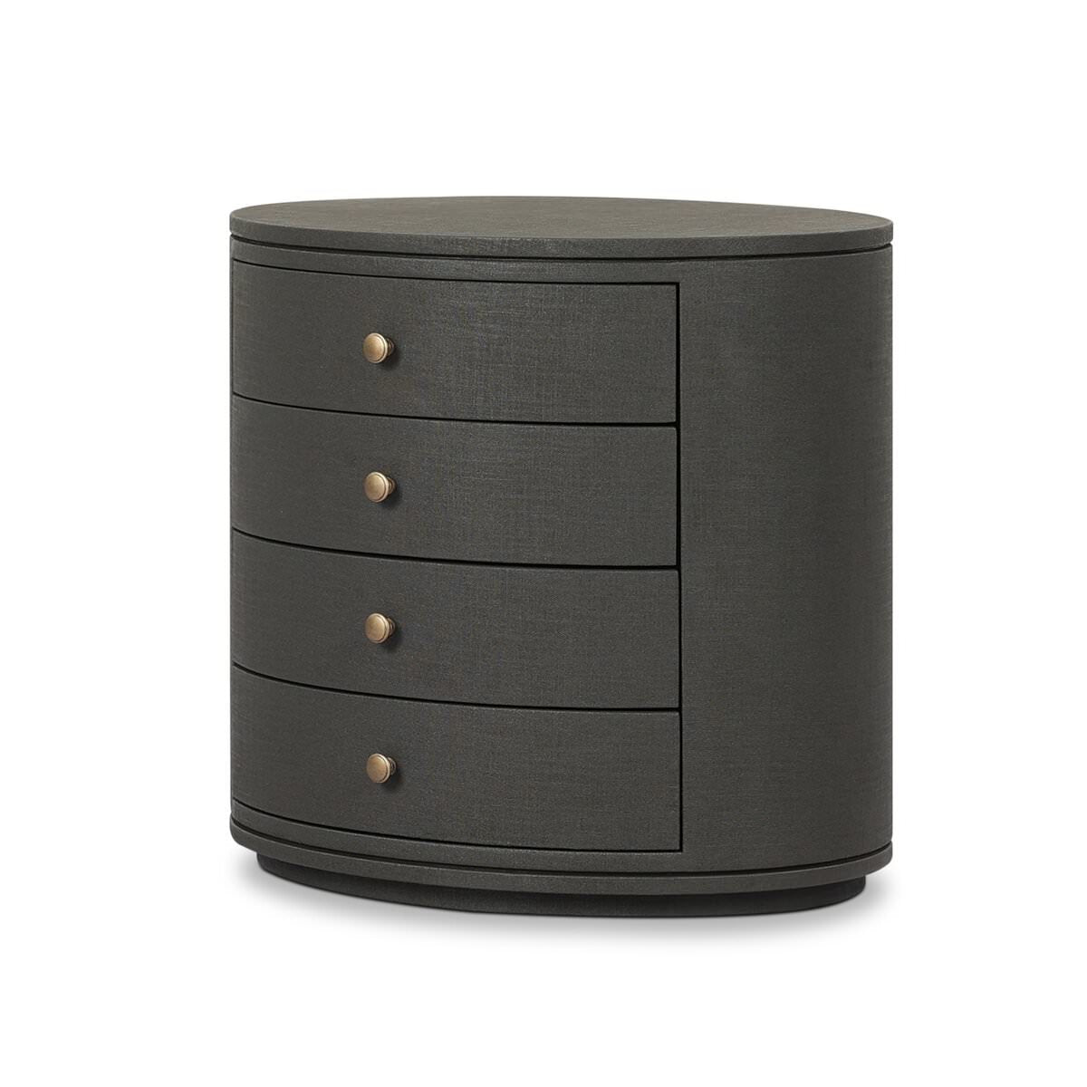 Four Hands Amelia Oval Nightstand in Dark Green Lacquered Linen on a white background at Addison West