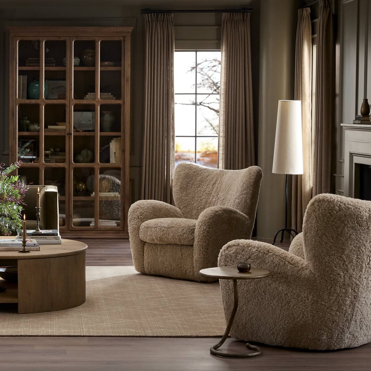 Four Hands Amelie Chair in Beige Shearling in a living room at Addison West
