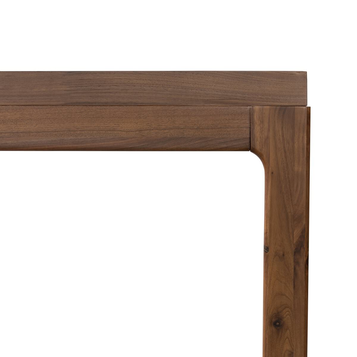 Close up of Four Hands Arturo Console Table in Natural Walnut Veneer on a white background