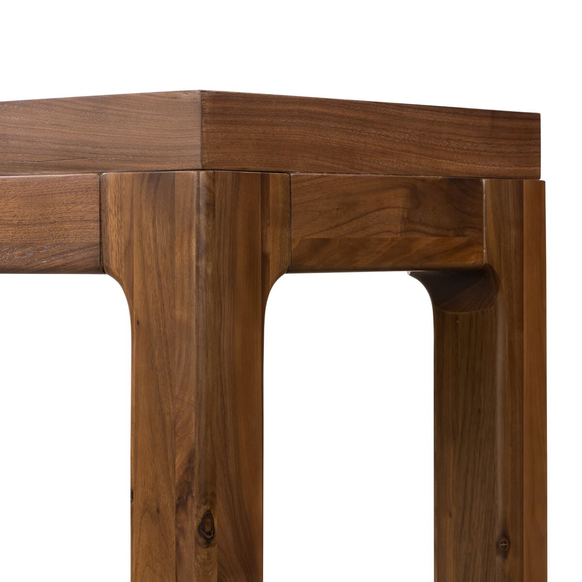 Close up of Four Hands Arturo Console Table in Natural Walnut Veneer on a white background