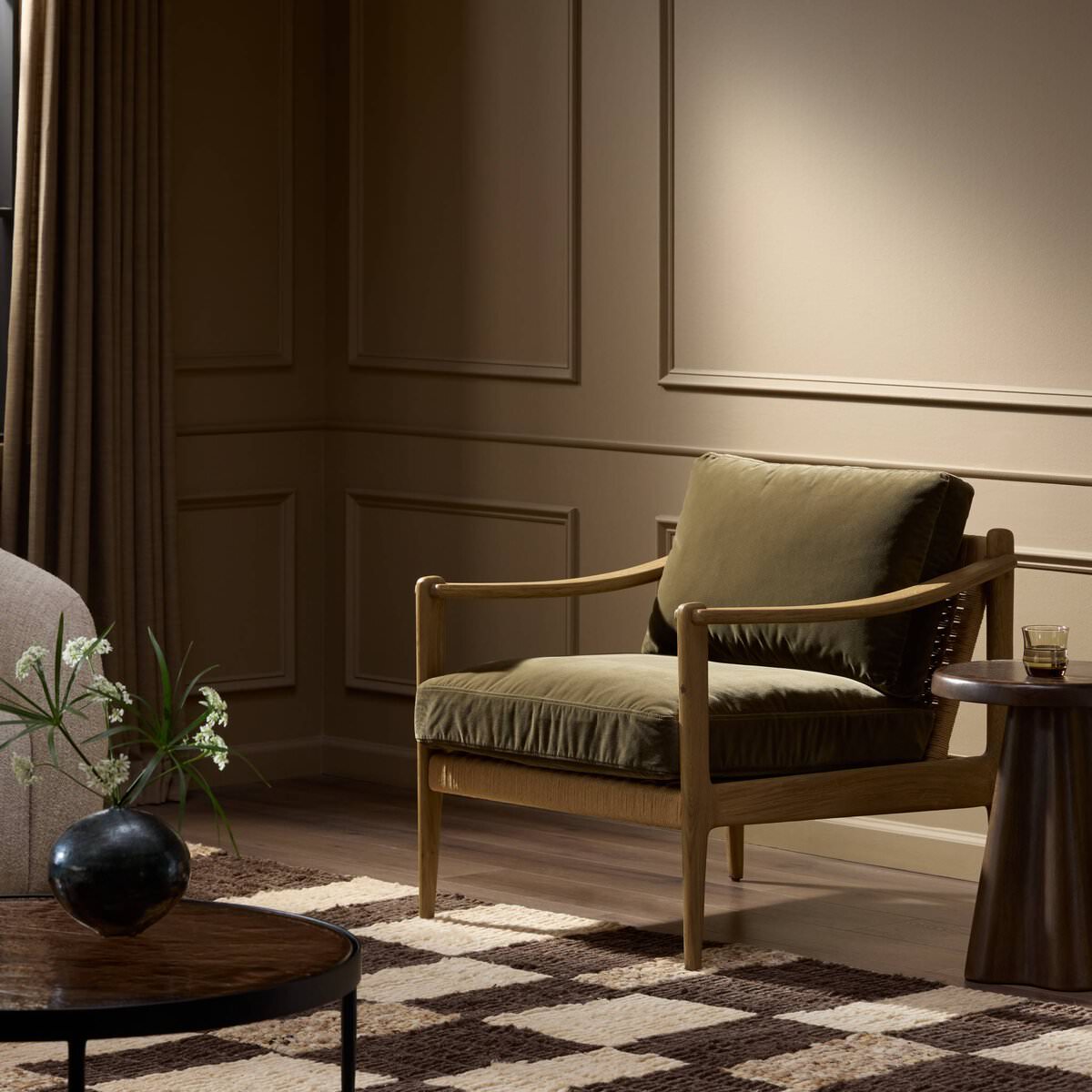 Four Hands Barwin Chair in Surrey Olive in a living room at Addison West