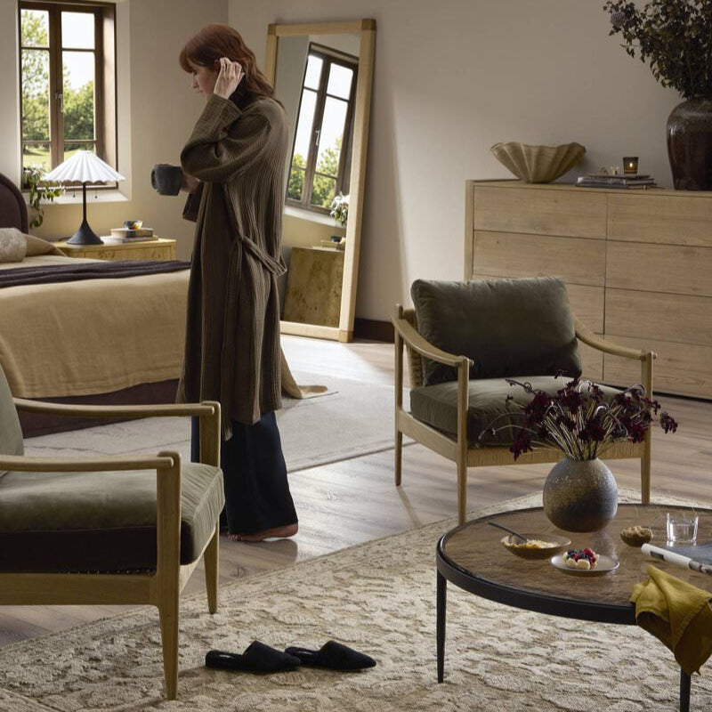Four Hands Barwin Chair in Surrey Olive in a bed room at Addison West