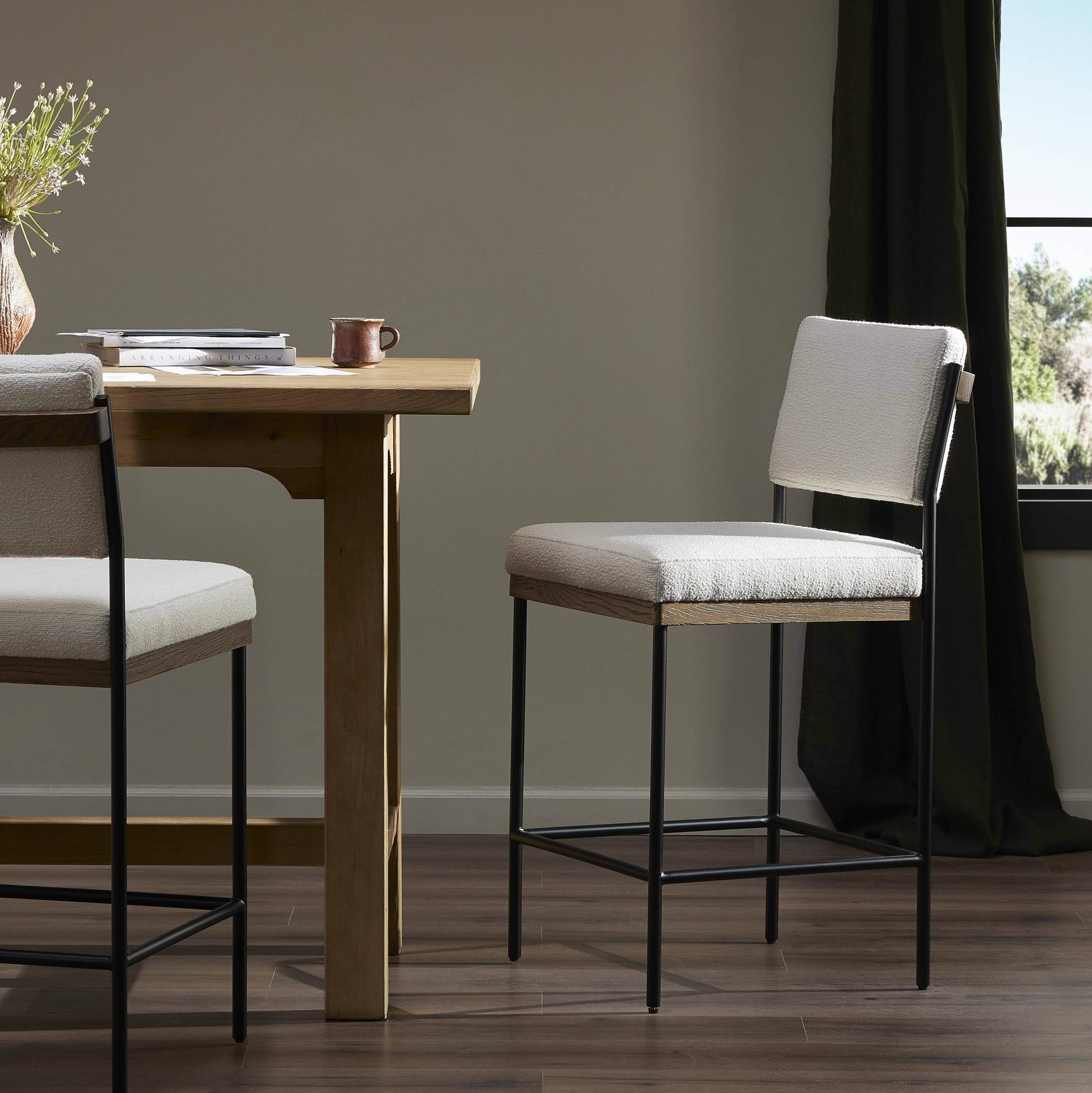 Four Hands Benton Counter Stool in Fayette Cloud in dining room at Addison West.