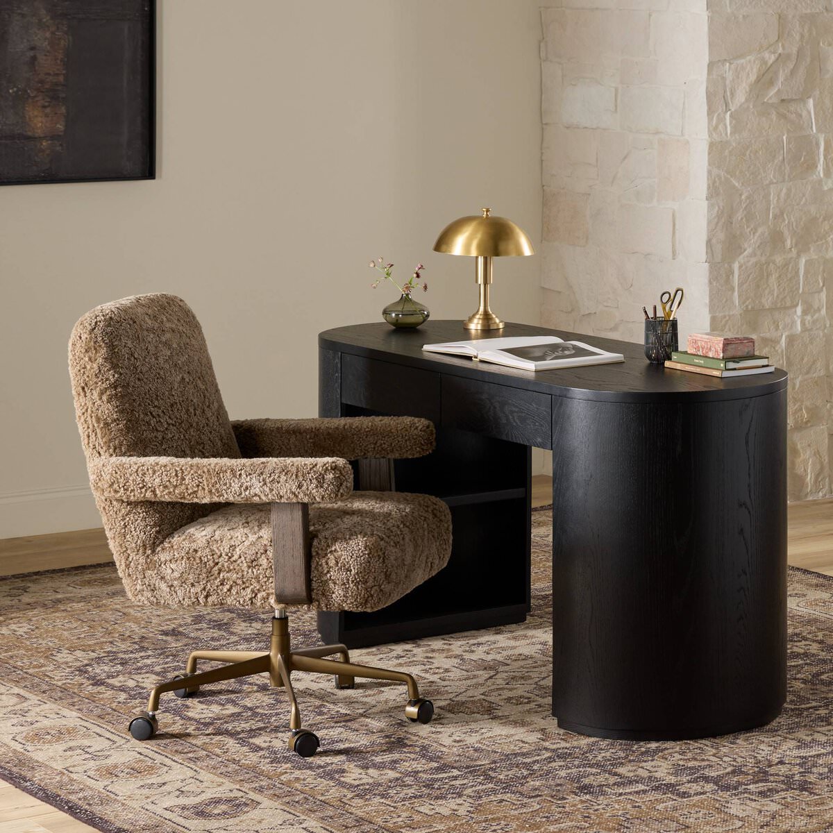 Four Hands Bergen Desk Chair in Taupe Shearling in an office at Addison West