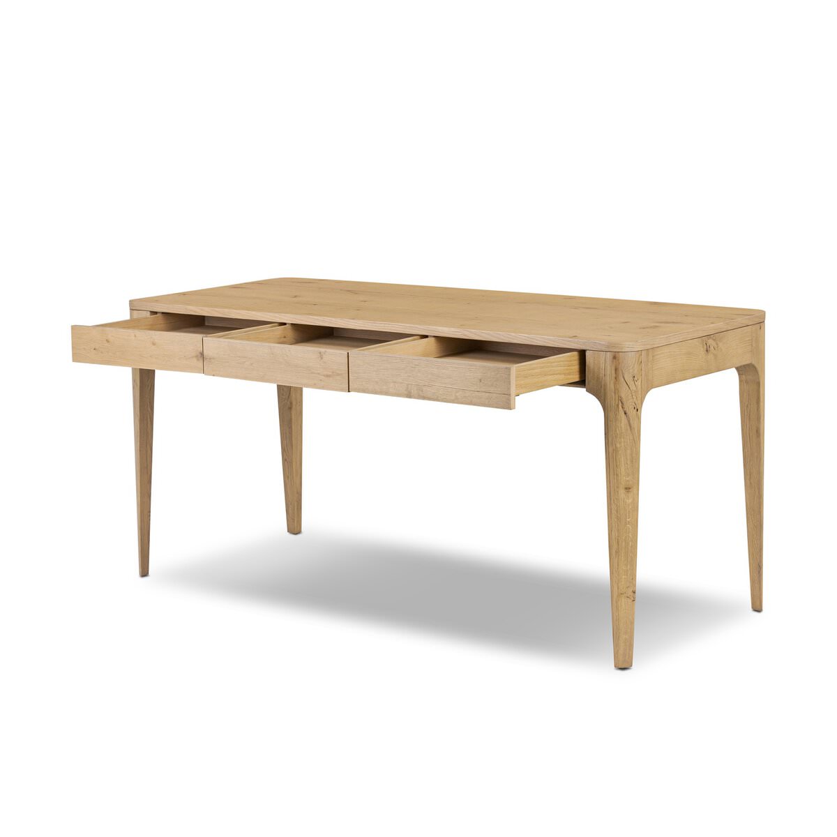 Four Hands Berke Desk in Aged Smoked Oak Veneer on a white background at Addison West