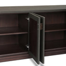 Four Hands Berlin Media Console in Dark Green Lacquered Linen on white background at Addison West.